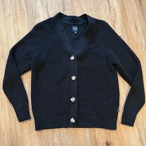 Vintage 90s GAP Black Fisherman Chunky V-neck Cardigan Collegiate Preppy Sz Med